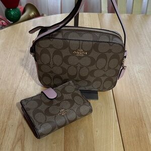 COACH Signature Canvas Crossbody Bag and Wallet in Brown with Pink Trim